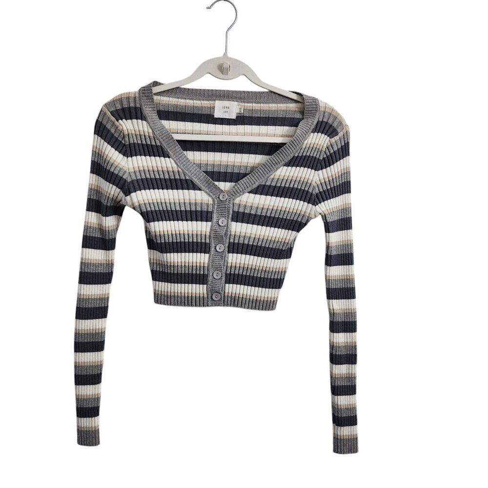 Luna Ivy Cardigan Small Medium S/M Striped Cropped Sweater Button Front V-neck